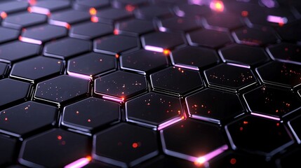 Fototapeta premium A dark black background featuring a hexagonal pattern in an abstract vector style. Ideal for modern wallpaper design and technology-themed banner templates for posters or presentations.