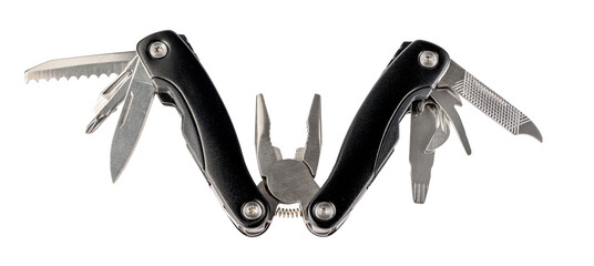 Steel multitool isolated on white background. Opened multitool with pliers, file, blade,...