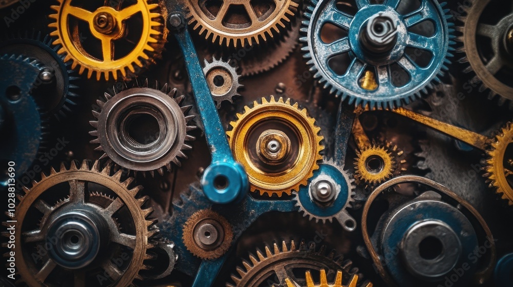 Poster discover a vibrant display of gears and cogs in various colors, embodying the complexity of machiner