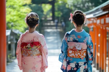 Fototapeta premium women wearing traditional japanese kimono walking in Kyoto city in Japan. ai generated