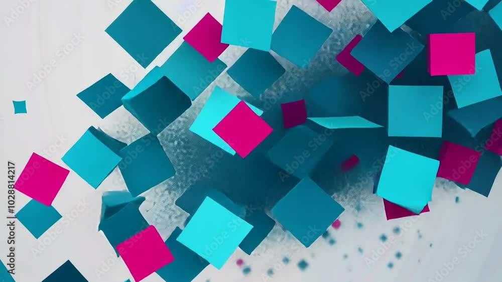 Poster blue and pink cubes are exploding on a white background. this animation is looping and can be used f
