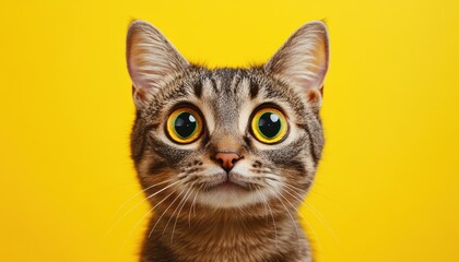 Surprised cat with big eyes gazes curiously against a bright yellow backdrop