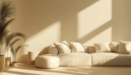 Modern living room with a beige couch and natural light from the windows
