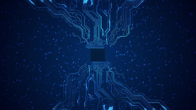 Animated Futuristic circuit board AI artificial intelligence data mining electronic deep learning Computer chip technology. Futuristic cyber innovation. futuristic processing. space for text or logo