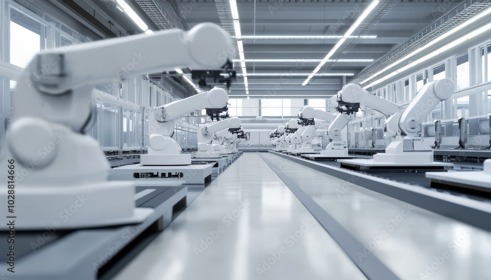 Poster robotic assembly line operating in an automotive factory during daytime work hours