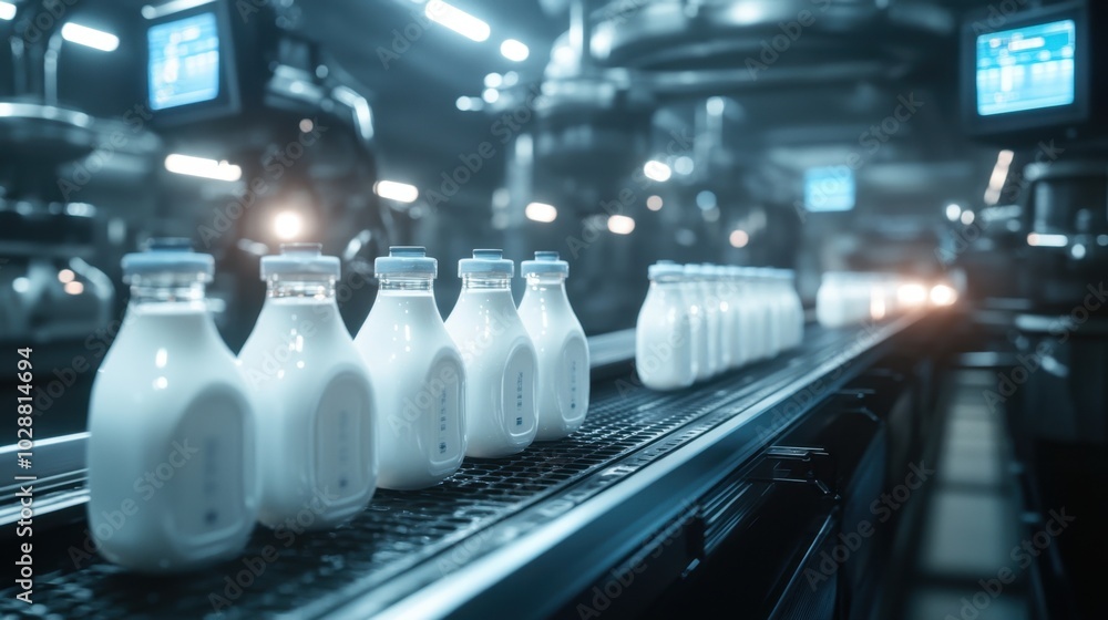Poster discover the intricate workings of a dairy factory with rows of milk bottles moving on a conveyor be