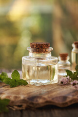 A square bottle of aromatherapy essential oil with fresh peppermint flowers and leaves