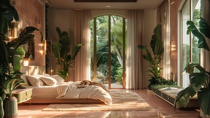 Fototapeta premium Interior design of a spacious bedroom in private villa with natural sunlight. The floor color is tiled light pink, there are large green leaves, coffee table, Beautiful Green and gold light fixtures.
