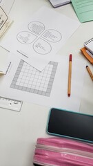 Various math activities on the table, some notebooks and markers