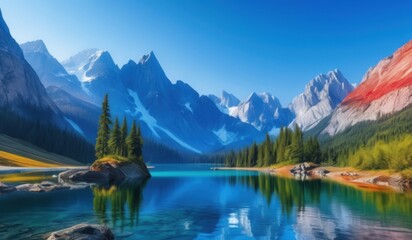 Fototapeta premium mountains and trees are reflected in the water of a lake, majestic nature scenery, lakeside mountains, beautiful lake, mountains and lakes, beautiful lake background