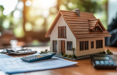 Calculating mortgage options with a model house and calculator on financial documents