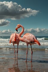 Photorealistic Flamingos Standing by the Ocean at Sunset – Pastel Colors and Exotic Nature