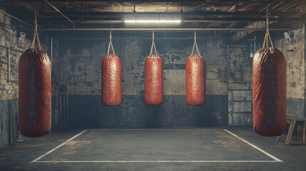 In an empty vintage boxing gym heavy bags sway gently while worn gloves rest in the corner of the ring. The dim overhead light casts shadows evoking a sense of nostalgia and resilience.