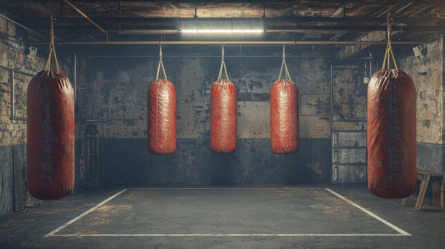 In an empty vintage boxing gym heavy bags sway gently while worn gloves rest in the corner of the ring. The dim overhead light casts shadows evoking a sense of nostalgia and resilience. - Powered by Adobe