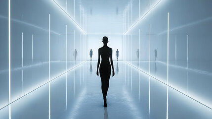 3D Minimalist Fashion Runway with Mirrored Backdrop: Sleek Slow Tracking Shot Showcasing Reflective Surfaces for Designer Logos and Collection Themes