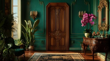 A regal parlor scene with orchids in emerald tones, an intricately carved wooden door, and deep green wall accents
