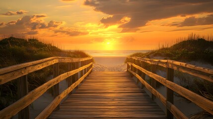 Obraz premium A wooden boardwalk leading to the beach, sunset, yellow and orange tones, golden hour