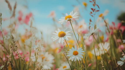 "A stunning spring flower field adorned with vibrant wildflowers, including daisies, set against a clear blue sky. The scene features a soft, selective focus, creating a magical nature backdrop filled