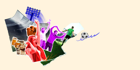 Emotional soccer fans watching game on stadium tribune, cheering favorite team. Winning game. Contemporary art collage. Concept of sport, game, supporters, event, tournament