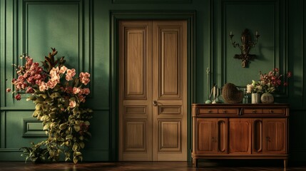 Vintage-styled room with emerald orchids draped over a sideboard, beside a classic double door and green walls.