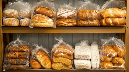 Fresh bread assortment in clear plastic bags, neatly displayed on bakery shelves, showing a variety of delicious loaves