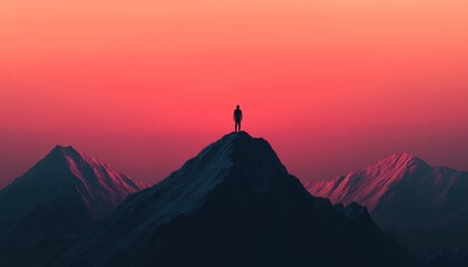 A person stands on a mountain peak at sunset, surrounded by stunning landscapes