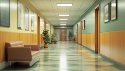 Obraz premium Calm hospital hallway featuring a reception area and decorative plants in the clinic