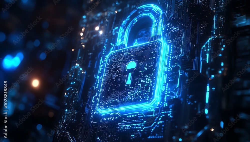 Poster advanced digital padlock featuring bright blue circuits, set against a dark backdrop, binary code sy