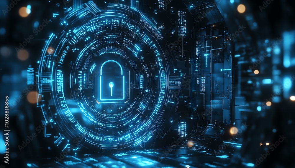 Poster advanced digital padlock featuring bright blue circuits, set against a dark backdrop, binary code sy