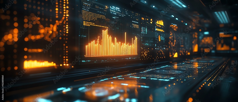 Leinwandbilder Advanced financial dashboard featuring floating holographic charts and graphs, glowing data streams against a dark space background, global economics visualization