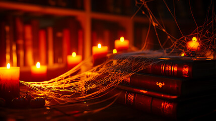 Dimly lit library scene with candles casting warm glow. Dusty books and cobwebs create a vintage, mystical atmosphere. Perfect for Halloween themes.