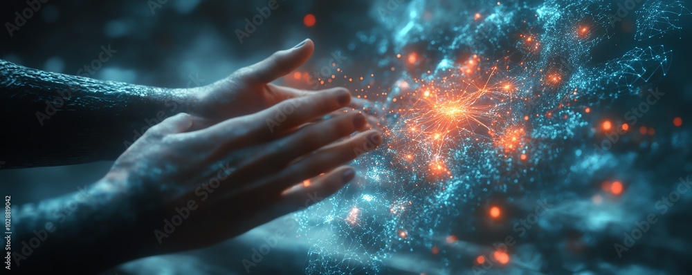 Poster Data visualization in a hightech environment, with hands controlling a holographic interface, glowing nodes representing advanced AI and machine learning