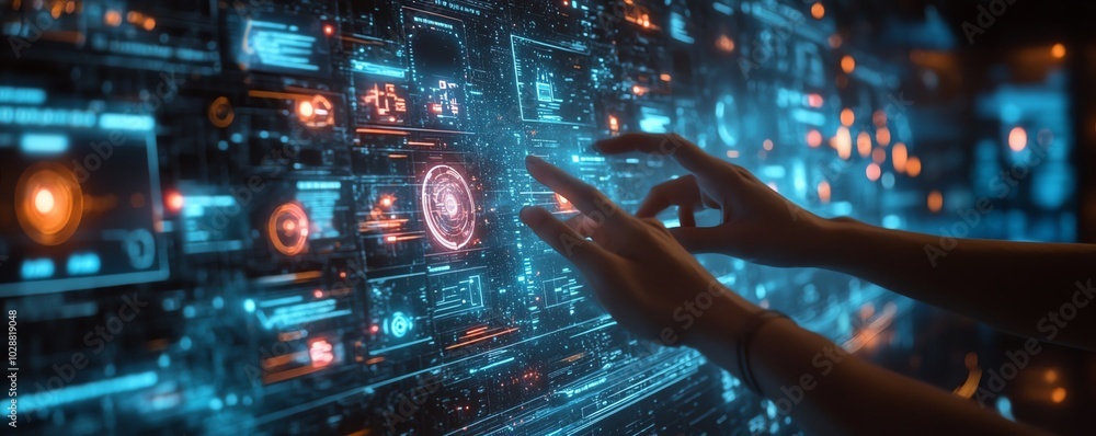 Poster Data visualization in a hightech environment, with hands controlling a holographic interface, glowing nodes representing advanced AI and machine learning