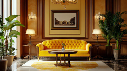 The space is accessorized with art deco-inspired decorative pieces, such as sculptures and vases, placed strategically on the coffee table and shelves