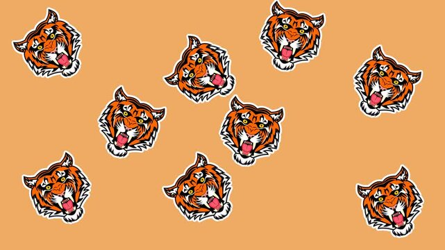 Several tigers in random movements on an color and green background - animation