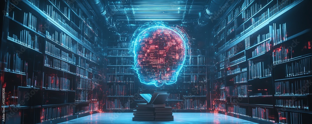 Poster Digital learning interface with holographic book projections, an engaging AI tutor avatar, and minimalist abstract data visualizations for futuristic education