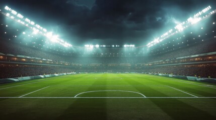 Nighttime soccer stadium illuminated with bright lights and excited crowd before the match