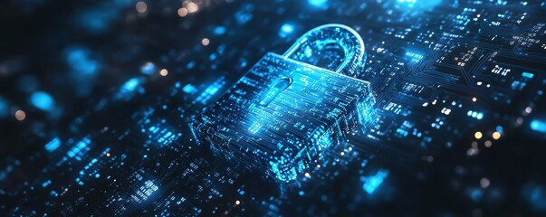 Digital padlock with glowing blue circuits and dark background filled with binary code, illustrating modern cybersecurity and data protection methods