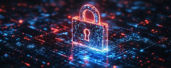 Digital padlock with glowing blue circuits and dark background filled with binary code, illustrating modern cybersecurity and data protection methods