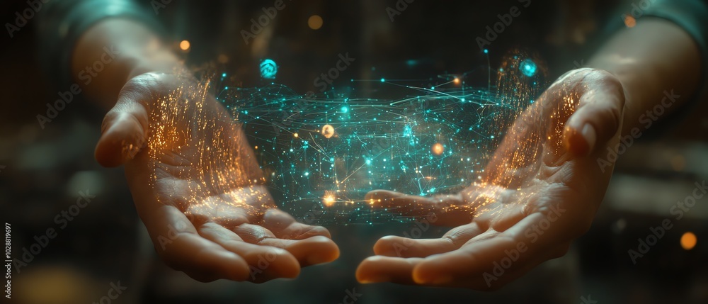 Fototapete Futuristic data visualization with hands manipulating a holographic interface, glowing nodes representing AI and machine learning in a sleek hightech environment