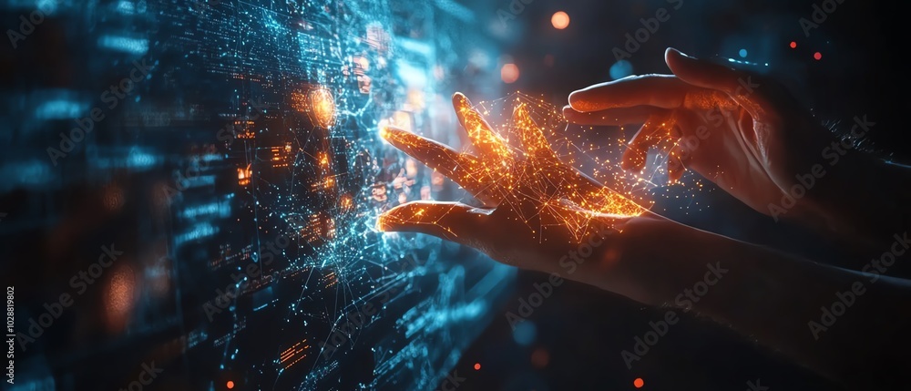 Fototapete Futuristic data visualization with hands manipulating a holographic interface, glowing nodes representing AI and machine learning in a sleek hightech environment