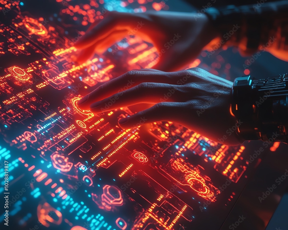 Poster Futuristic data visualization environment featuring hands engaging with a holographic interface, glowing nodes representing machine learning and AI technology