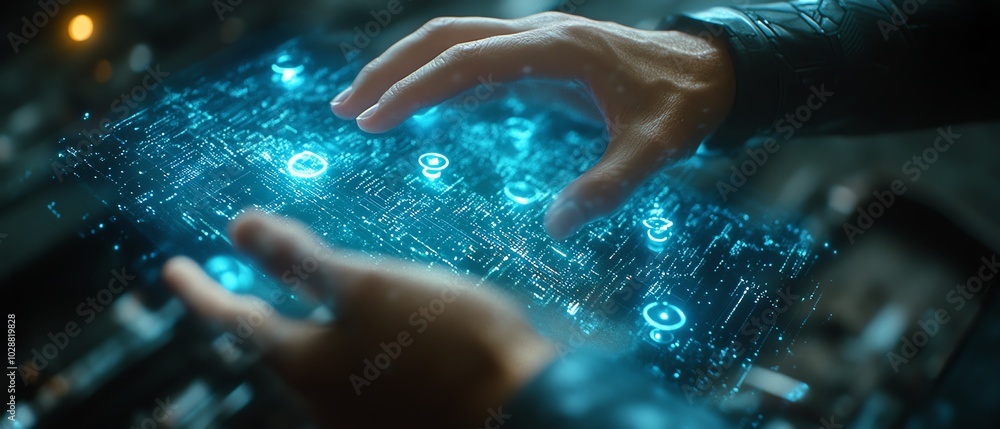 Poster Futuristic data visualization with hands manipulating a holographic interface, glowing nodes representing AI and machine learning in a sleek hightech environment