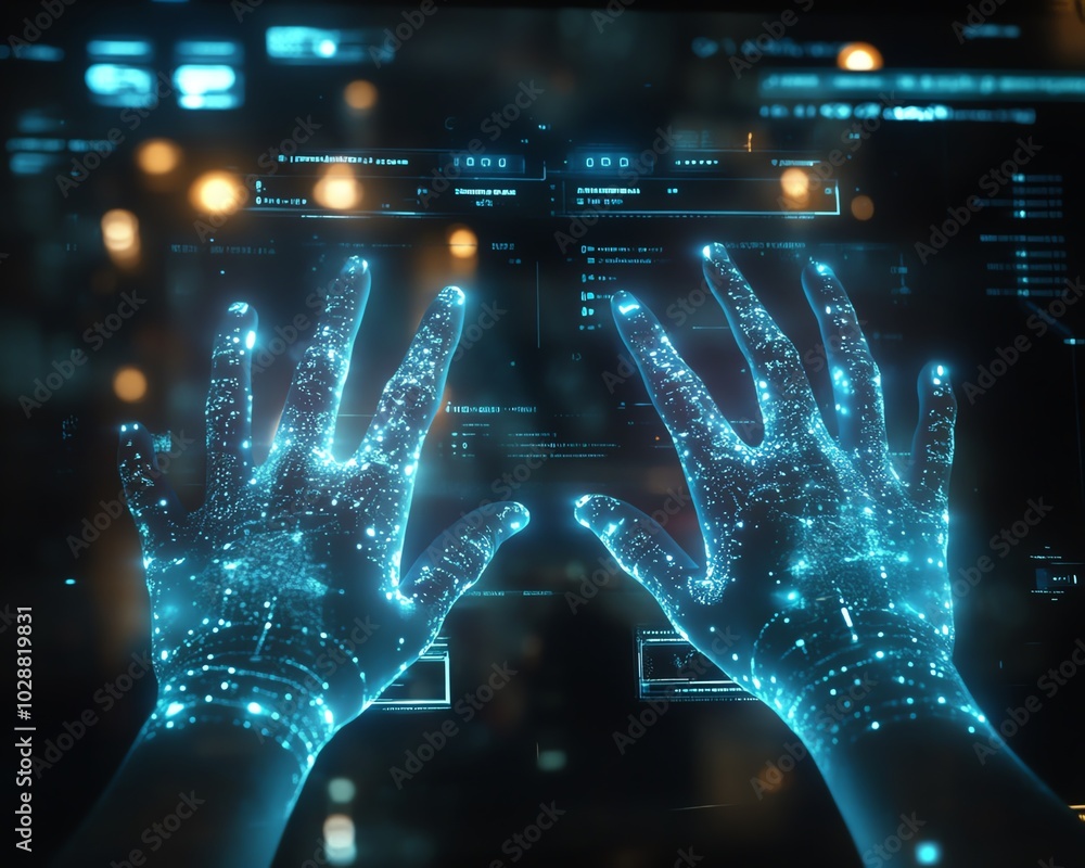 Poster Futuristic data visualization environment featuring hands engaging with a holographic interface, glowing nodes representing machine learning and AI technology