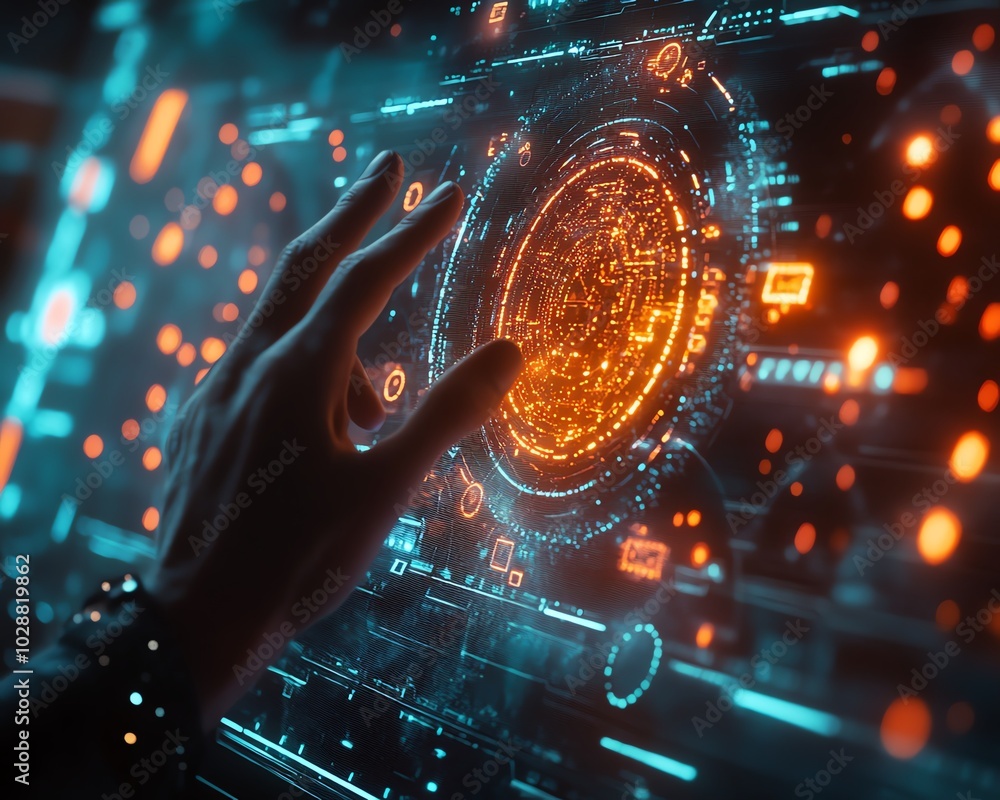 Poster Futuristic data visualization environment featuring hands engaging with a holographic interface, glowing nodes representing machine learning and AI technology