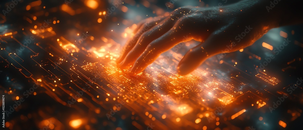 Leinwandbilder Futuristic data visualization with hands manipulating a holographic interface, glowing nodes representing AI and machine learning in a sleek hightech environment