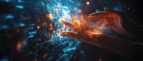 Obraz premium Futuristic data visualization with hands manipulating a holographic interface, glowing nodes representing AI and machine learning in a sleek hightech environment