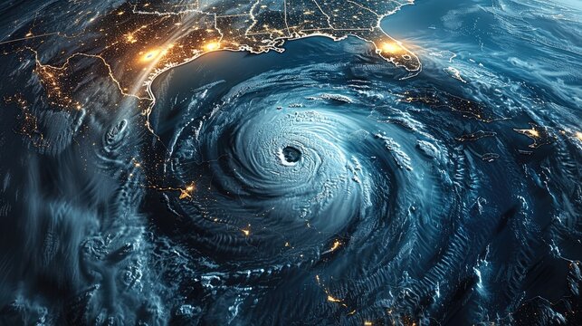 Category 5 hurricane on a map crossing the Atlantic ocean, map outline, laser lighting.