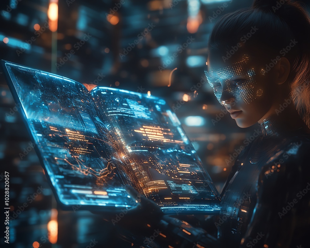 Fototapete futuristic digital learning platform featuring holographic books, an ai tutor avatar, and stylish ab