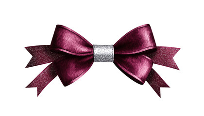 Elegant burgundy bow with silver detail, isolated on a white background.